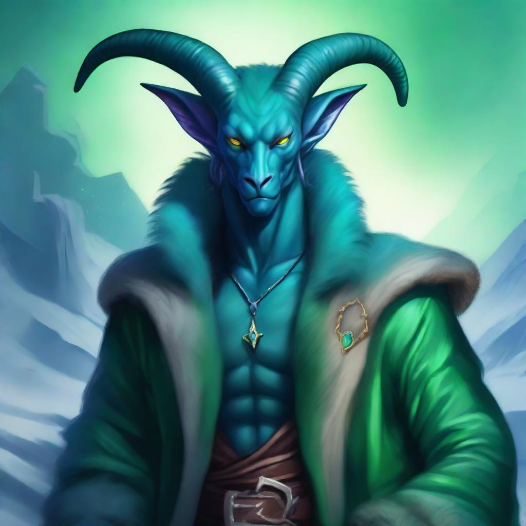 A handsome giant tiefling with blue-green skin, wearing a luxurious fur jacket