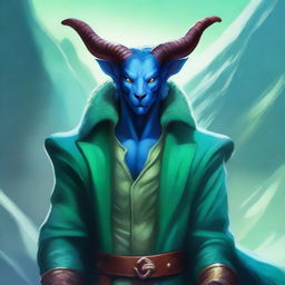 A handsome giant tiefling with blue-green skin, wearing a luxurious fur jacket