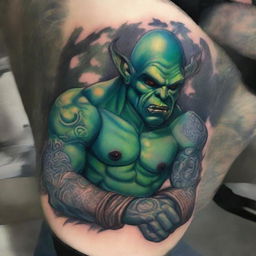 A handsome blue-green Orc Tiefling monk with tattoos