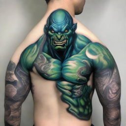 A handsome blue-green Orc Tiefling monk with tattoos