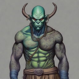 A handsome blue-green Orc Tiefling monk with tattoos