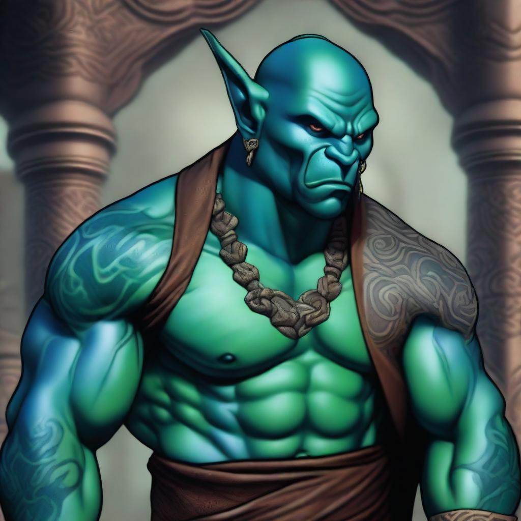 A handsome blue-green Orc Tiefling monk with intricate tattoos