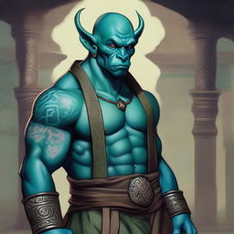 A handsome blue-green Orc Tiefling monk with intricate tattoos