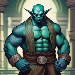 A handsome blue-green Orc Tiefling monk with intricate tattoos