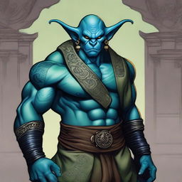 A handsome blue-green Orc Tiefling monk with intricate tattoos