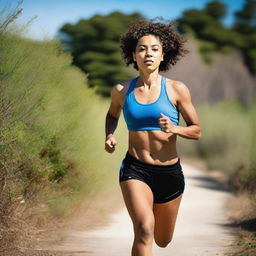 A Metis woman with short curly hair and an athletic body, running in sport clothes