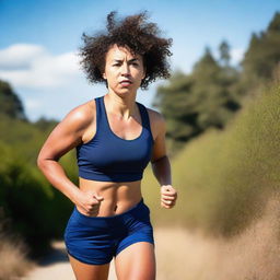 A Metis woman with short curly hair and an athletic body, running in sport clothes