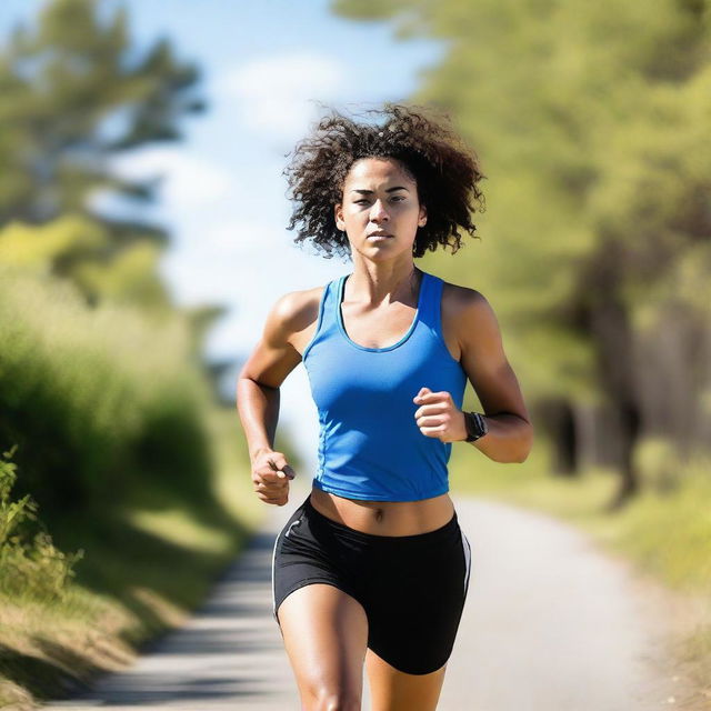 A Metis woman with short curly hair and an athletic body, running in sport clothes