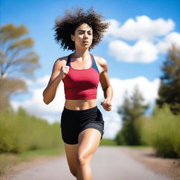 A Metis woman with short curly hair and an athletic body, running in sport clothes