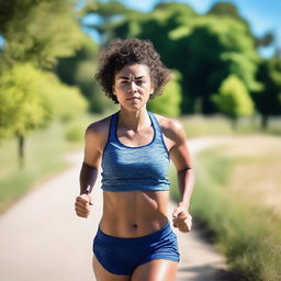 A beautiful Metis woman with short curly hair and an athletic body, running in sport clothes