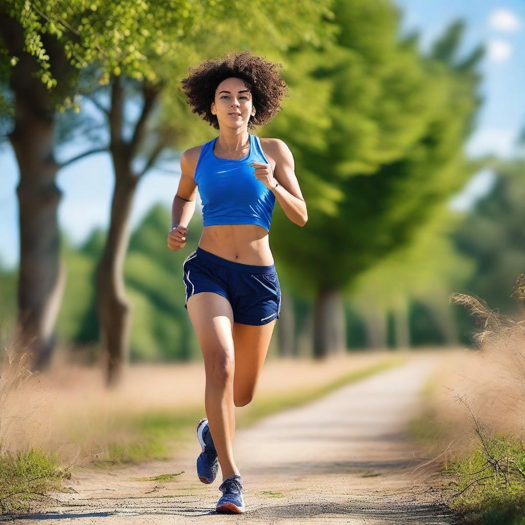 A beautiful Metis woman with short curly hair and an athletic body, running in sport clothes