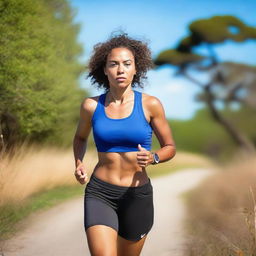 A beautiful Metis woman with short curly hair and an athletic body, running in sport clothes