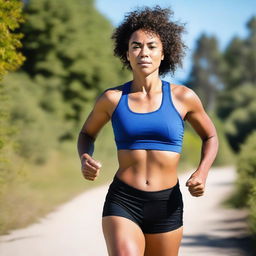 A beautiful Metis woman with short curly hair and an athletic body, running in sport clothes