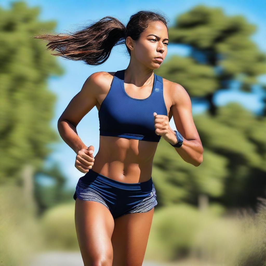 A beautiful Metis athlete with an athletic body, running in sport clothes