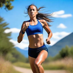 A beautiful Metis athlete with an athletic body, running in sport clothes