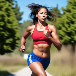 A beautiful Metis athlete with an athletic body, running in sport clothes