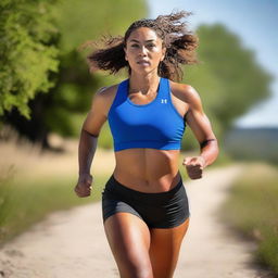 A beautiful Metis athlete with an athletic body, running in sport clothes