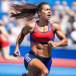 A beautiful Metis athlete with an athletic body, competing in sport clothes