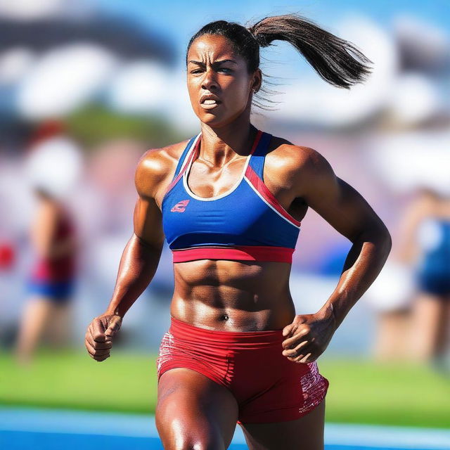 A beautiful Metis athlete with an athletic body, competing in sport clothes