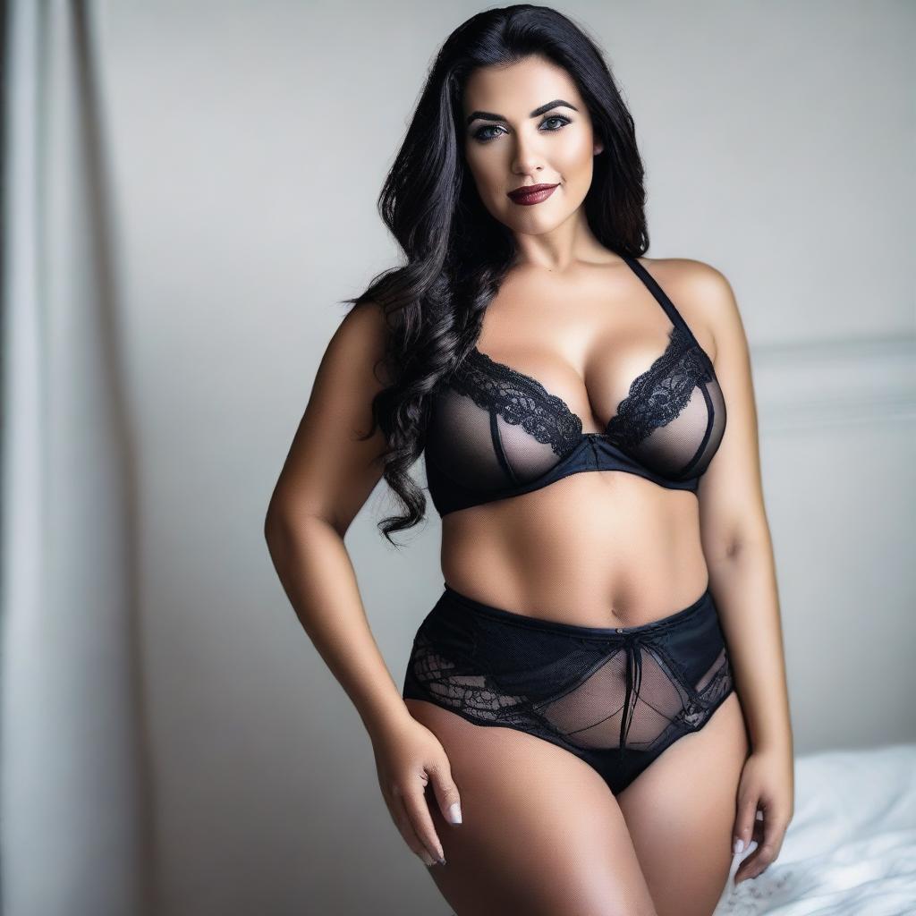 A beautiful Métis woman in lingerie, showcasing her toned body with a seductive look