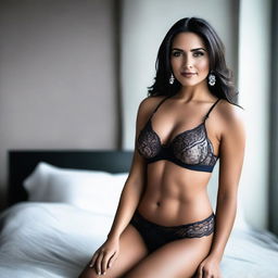 A beautiful Métis woman in lingerie, showcasing her toned body with a seductive look