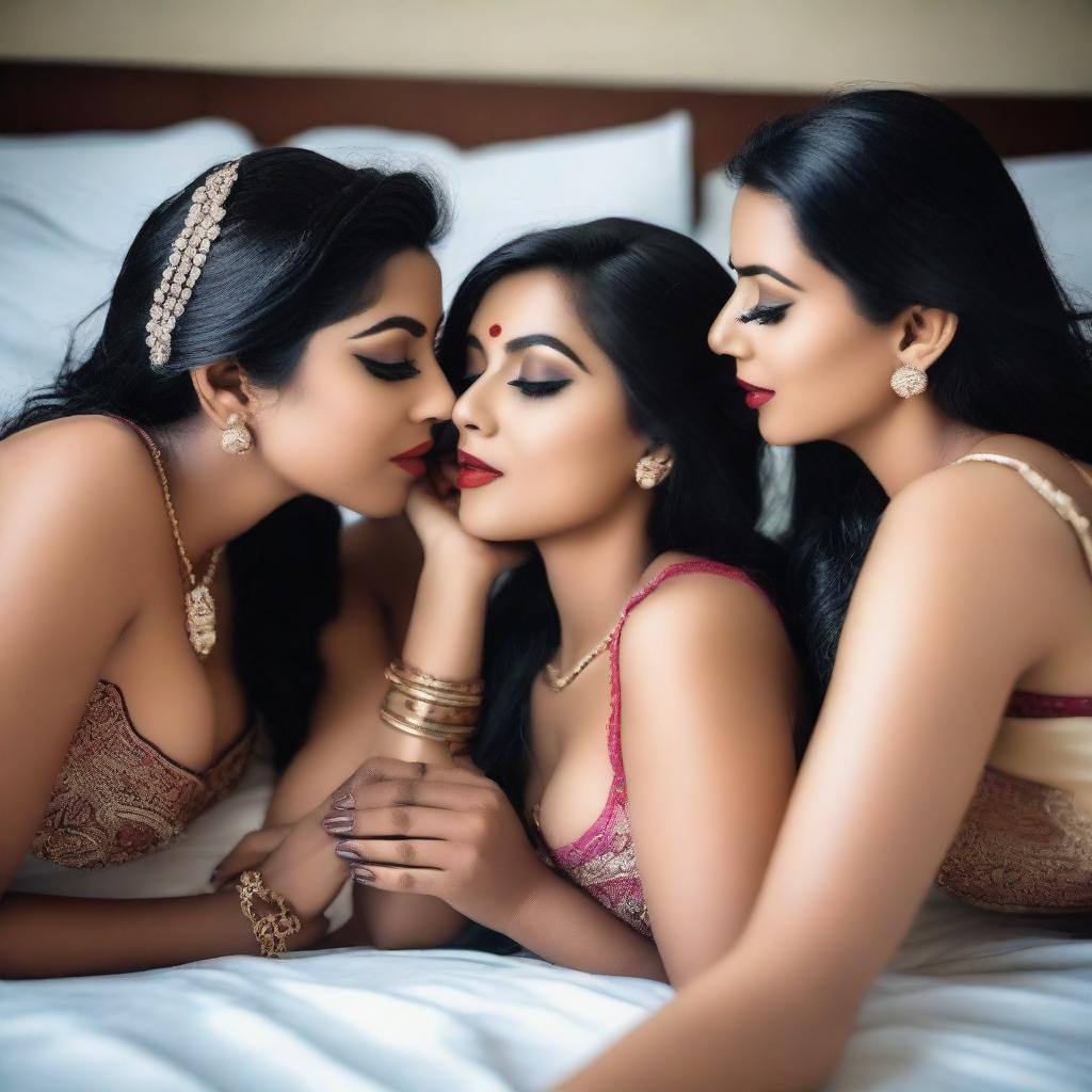 Three beautiful Indian women in stockings, lying on a bed and kissing