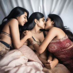 Three beautiful Indian girls in stockings, lying on a bed and kissing