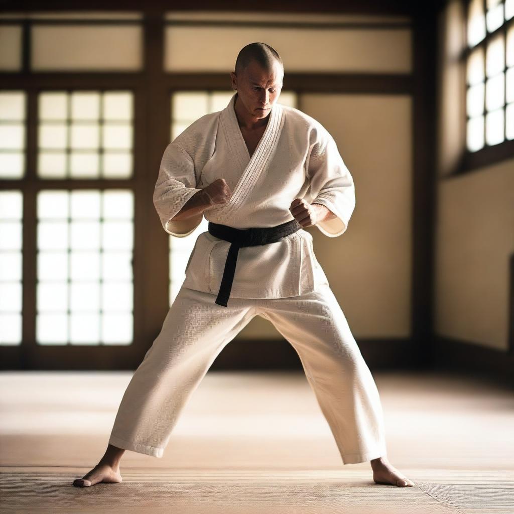 A Caucasian soldier in Japan, depicted as a prisoner of war (POW), training in karate