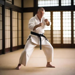 A Caucasian soldier in Japan, depicted as a prisoner of war (POW), training in karate