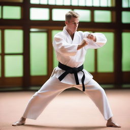 A Caucasian soldier in Japan, depicted as a prisoner of war (POW), training in karate