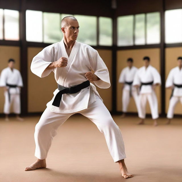 A Caucasian soldier in Japan, depicted as a prisoner of war (POW), training in karate