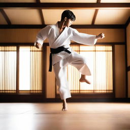 A dynamic and impressive scene of a karate practitioner performing a high jump kick