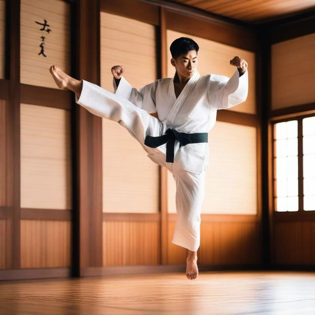 A dynamic and impressive scene of a karate practitioner performing a high jump kick