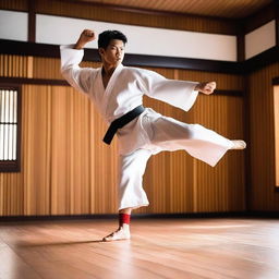 A dynamic and impressive scene of a karate practitioner performing a high jump kick