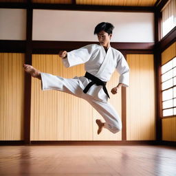 A dynamic and impressive scene of a karate practitioner performing a high jump kick