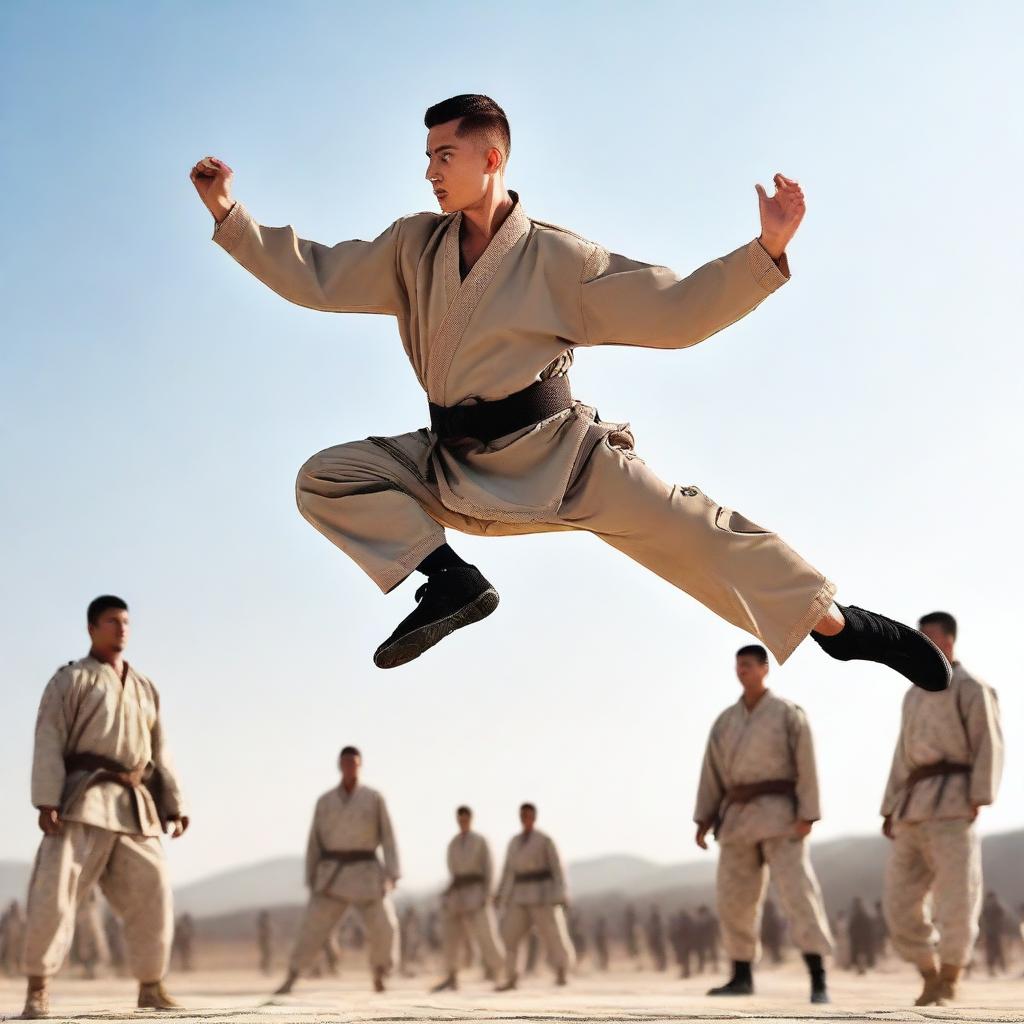 A male soldier in uniform performing an impressive karate jump