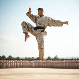 A male soldier in uniform performing an impressive karate jump