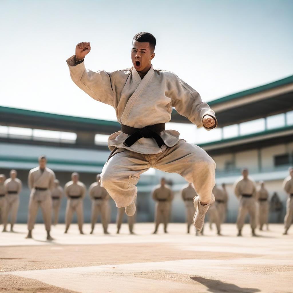 A male soldier in uniform performing an impressive karate jump