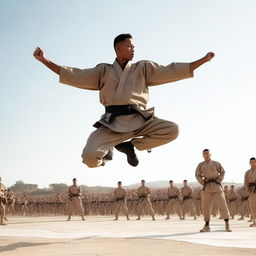 A male soldier in uniform performing an impressive karate jump