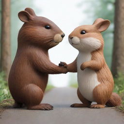 An emotionally touching cartoon image of a beaver and a bunny from the rearview, holding hands. Their camaraderie and friendship symbolized through this heartwarming display of affection and mutual respect.