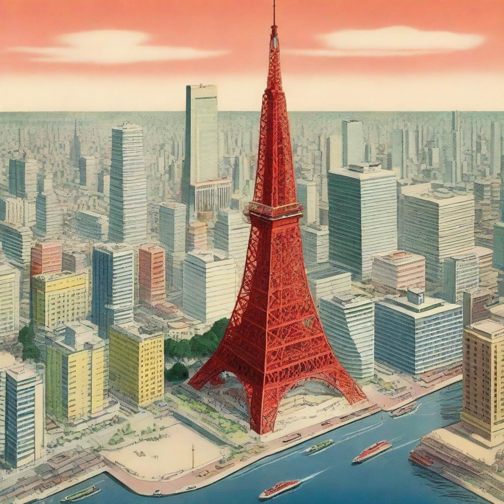 A detailed illustration of Tokyo Tower as it would have appeared in the 1950s