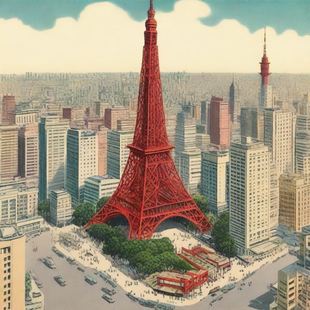 A detailed illustration of Tokyo Tower as it would have appeared in the 1950s