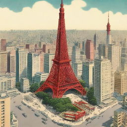 A detailed illustration of Tokyo Tower as it would have appeared in the 1950s