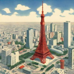 A detailed illustration of Tokyo Tower as it would have appeared in the 1950s