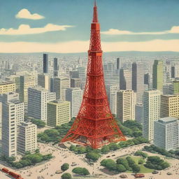 A detailed illustration of Tokyo Tower as it would have appeared in the 1950s