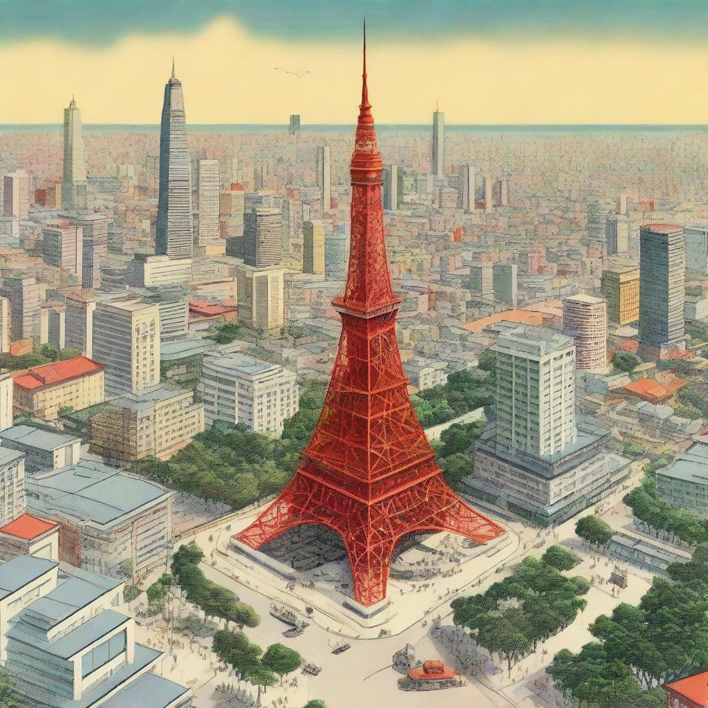 A detailed illustration of Tokyo Tower as it would have appeared in the 1950s, but with no houses or buildings around it