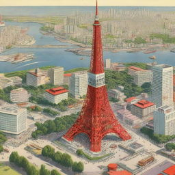 A detailed illustration of Tokyo Tower as it would have appeared in the 1950s, but with no houses or buildings around it