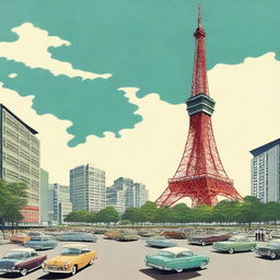 A detailed illustration of Tokyo Tower as it would have appeared in the 1950s, but with no houses or buildings around it