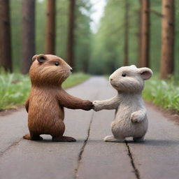 An emotionally touching cartoon image of a beaver and a bunny from the rearview, holding hands. Their camaraderie and friendship symbolized through this heartwarming display of affection and mutual respect.