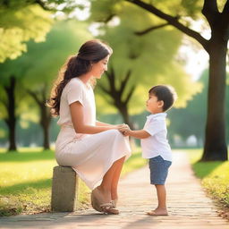 A beautiful young woman with a small boy, both sharing a joyful moment together in a serene park setting